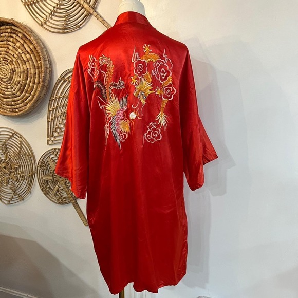 Pier 1 Sweaters - Vintage Dragon Phoenix Embroidered Kimono Robe Red Satin Asian Lounge OS